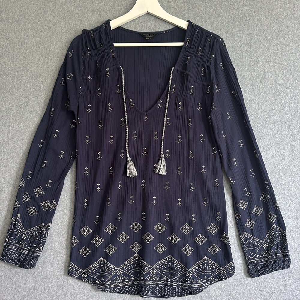 Lucky Brand Vneck Long Cuffed Sleeve Peasant Pull Cord/Tassel (M) Blue & White